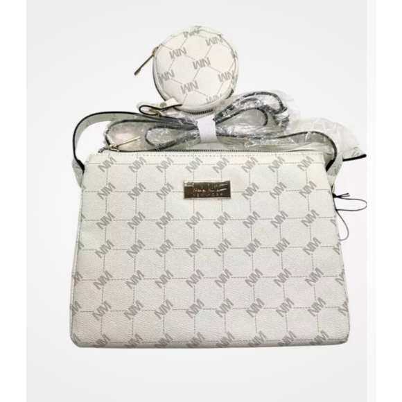 Nicole Miller Creamy White Logo Crossbody Purse Handbag & Earbud Case Vegan - Picture 5 of 5